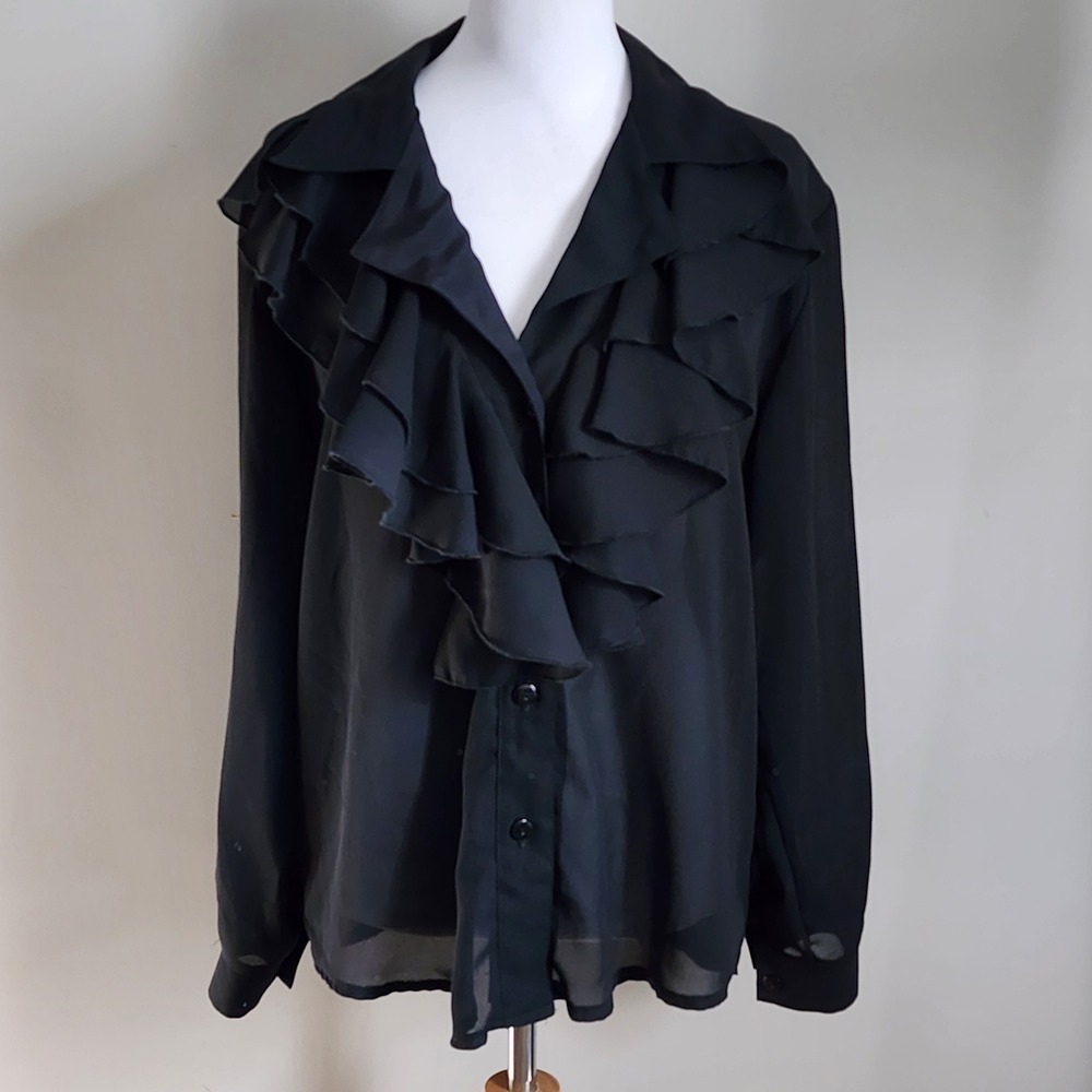 Vintage Ruffle Front Blouse M Black Sheer Georgette Goth Whimsigoth Witchy Artsy
